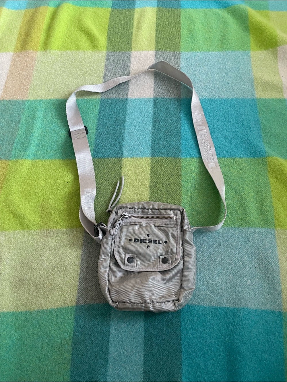 Vintage Diesel Crossbody Messenger Bag Metallic Grey Y2K Adjustable Strap